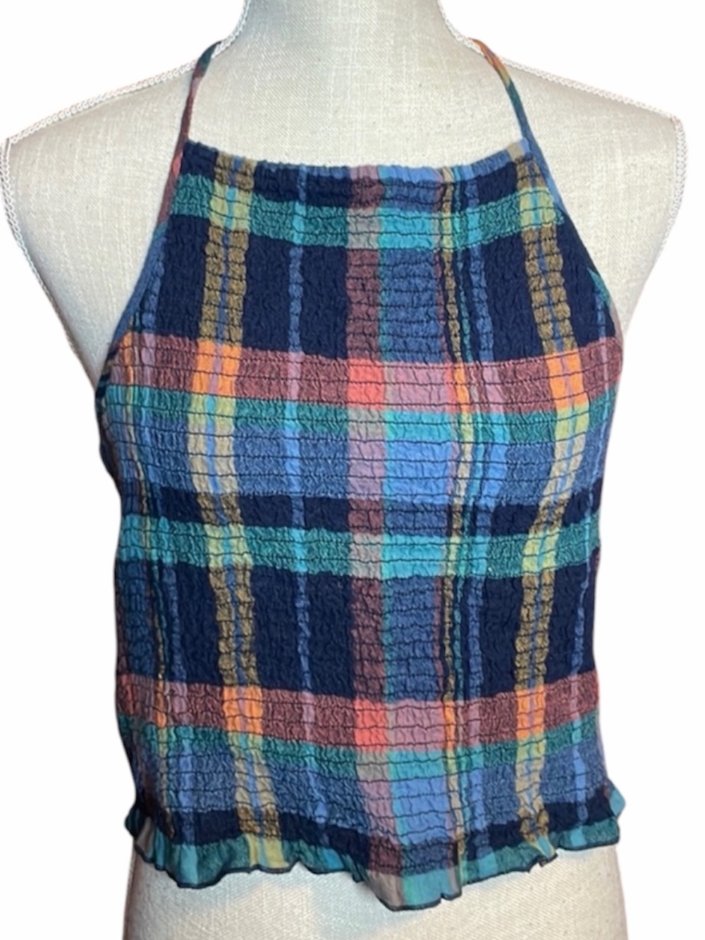 American Eagle Outfitters Blue & Pink Plaid Crop Halter Top - Picture 1 of 8
